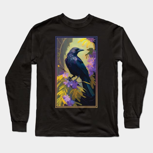 Crow Vibrant Tropical Flower Tall Digital Oil Painting Portrait Long Sleeve T-Shirt by ArtHouseFlunky